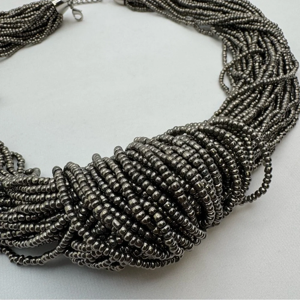 Multi Strand Gunmetal Seed Bead Statement Necklace Bold Weighted Boho Chunky